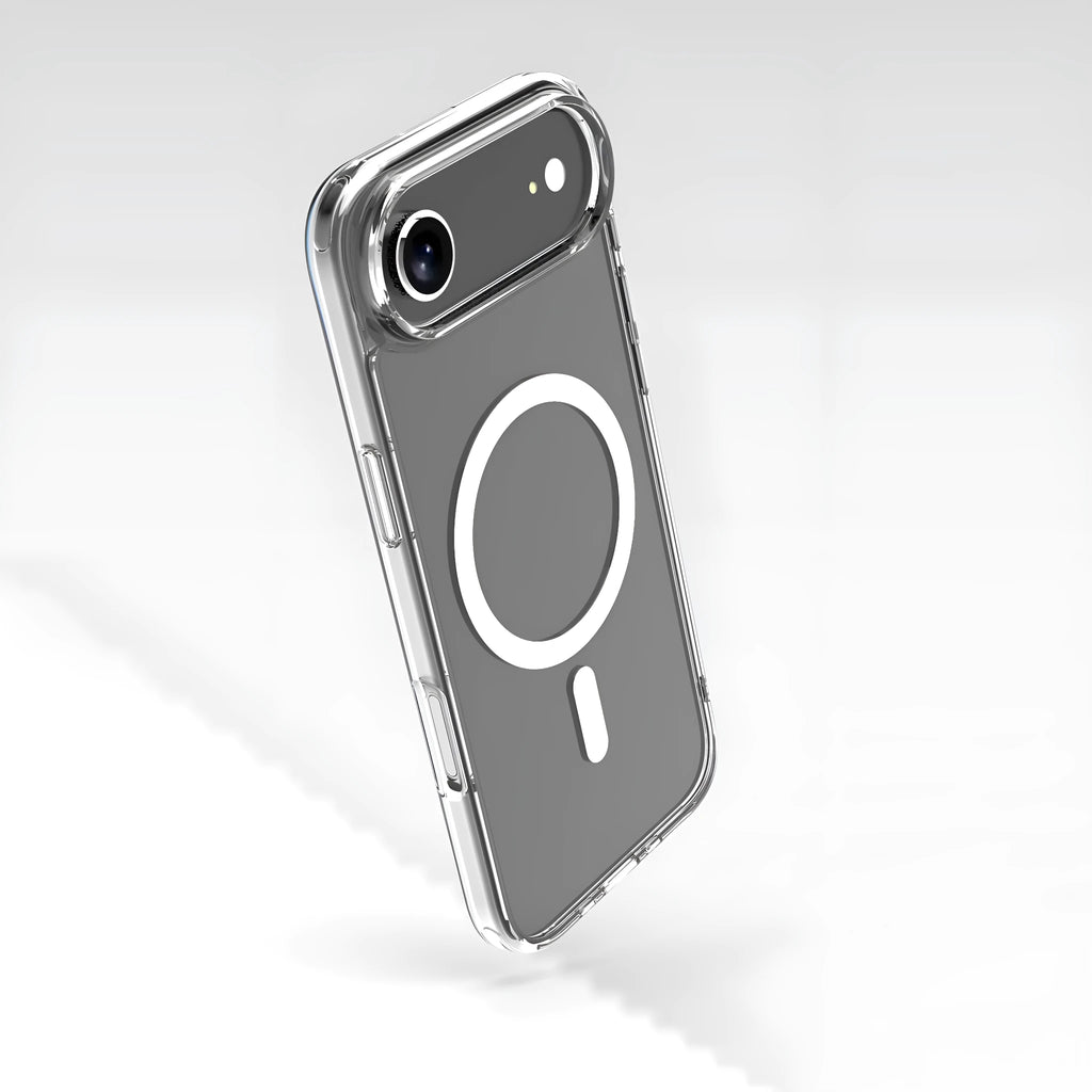 Transparent magnetic phone case for iPhone 17 series showing shockproof design and magnetic mounting capability