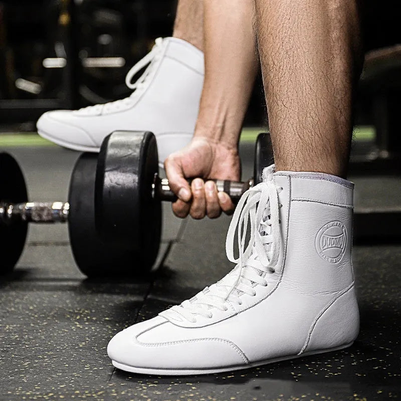 Black gold mesh and white leather professional boxing shoes with non-slip sole for wrestling training