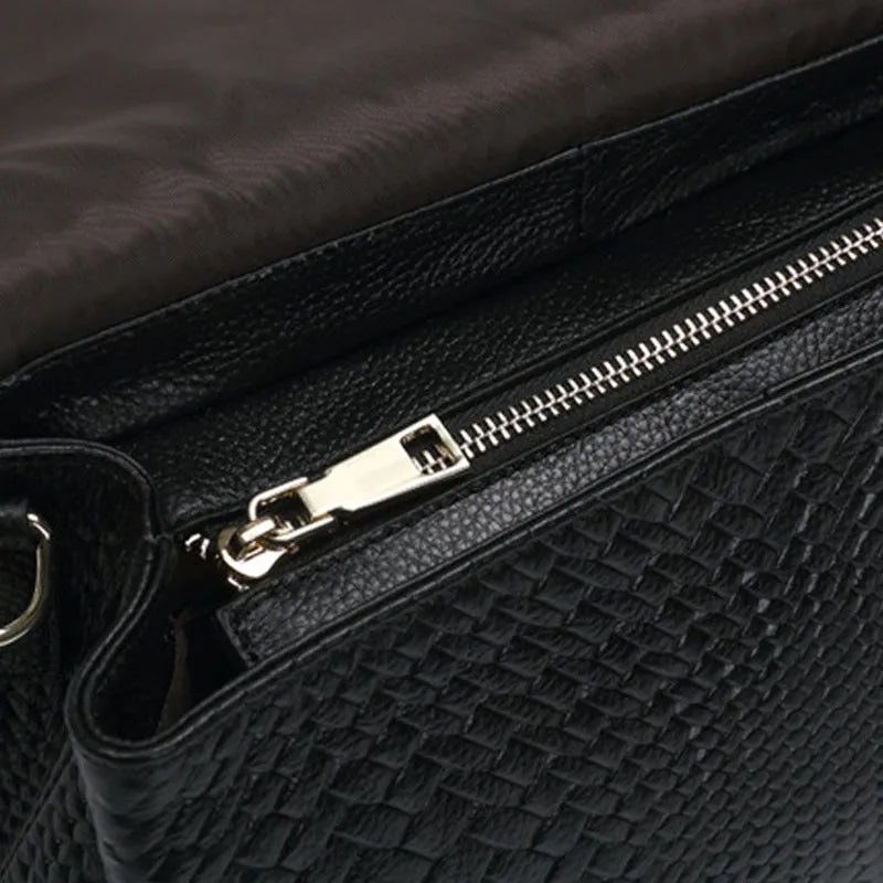Genuine leather woven crossbody bag black first layer cowhide embossed finish horizontal square shape single shoulder strap