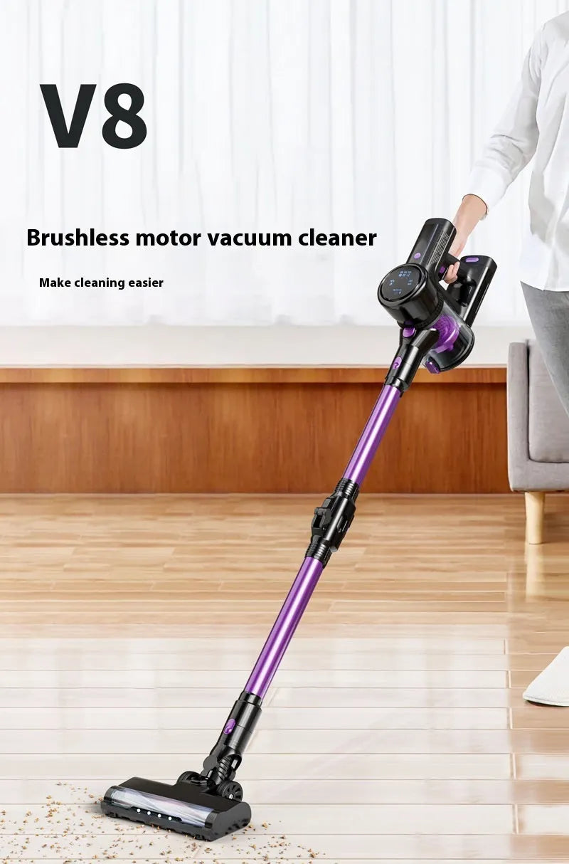Black and purple brushless foldable handheld vacuum cleaner on a plain background