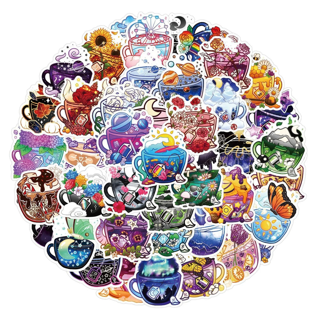 Colourful tea cup graffiti waterproof stickers in 50-piece set for luggage and scooter personalisation