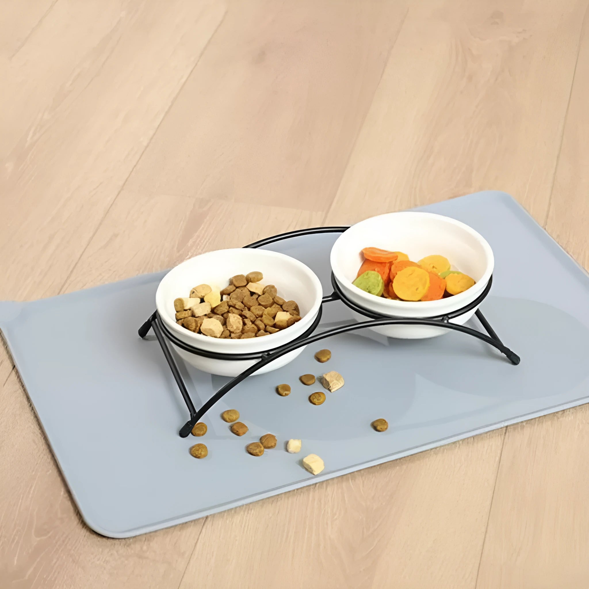 Silicone pet feeding placemat under a dog bowl, shown in one of five available colours.