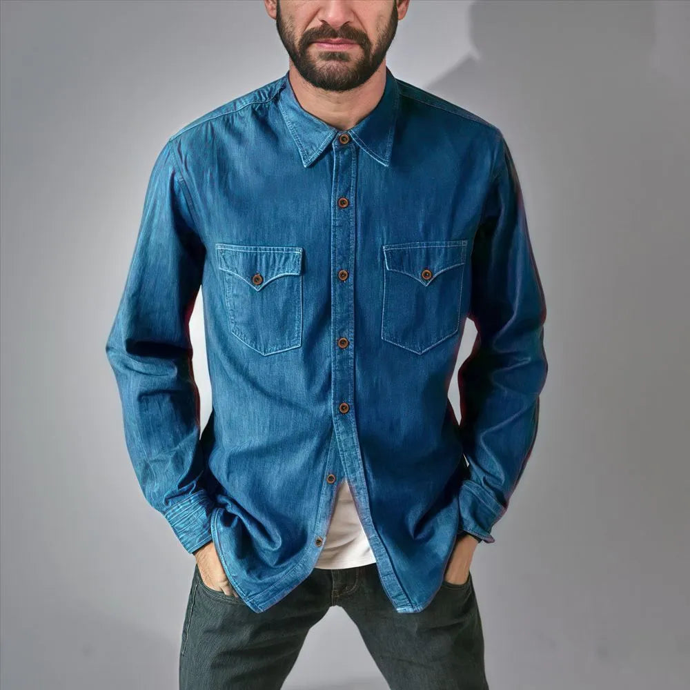 A long denim cardigan coat in a regular fit, shown in one of four available colours.