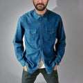 A long denim cardigan coat in a regular fit, shown in one of four available colours.