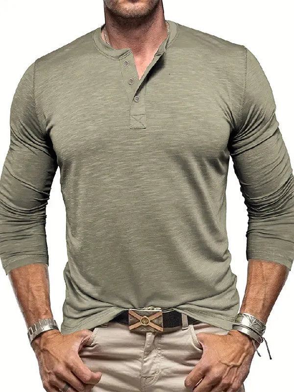 Men's long-sleeved Henry collar T-shirt in slub cotton blend, pullover style, available in eight colours and sizes S-XXL