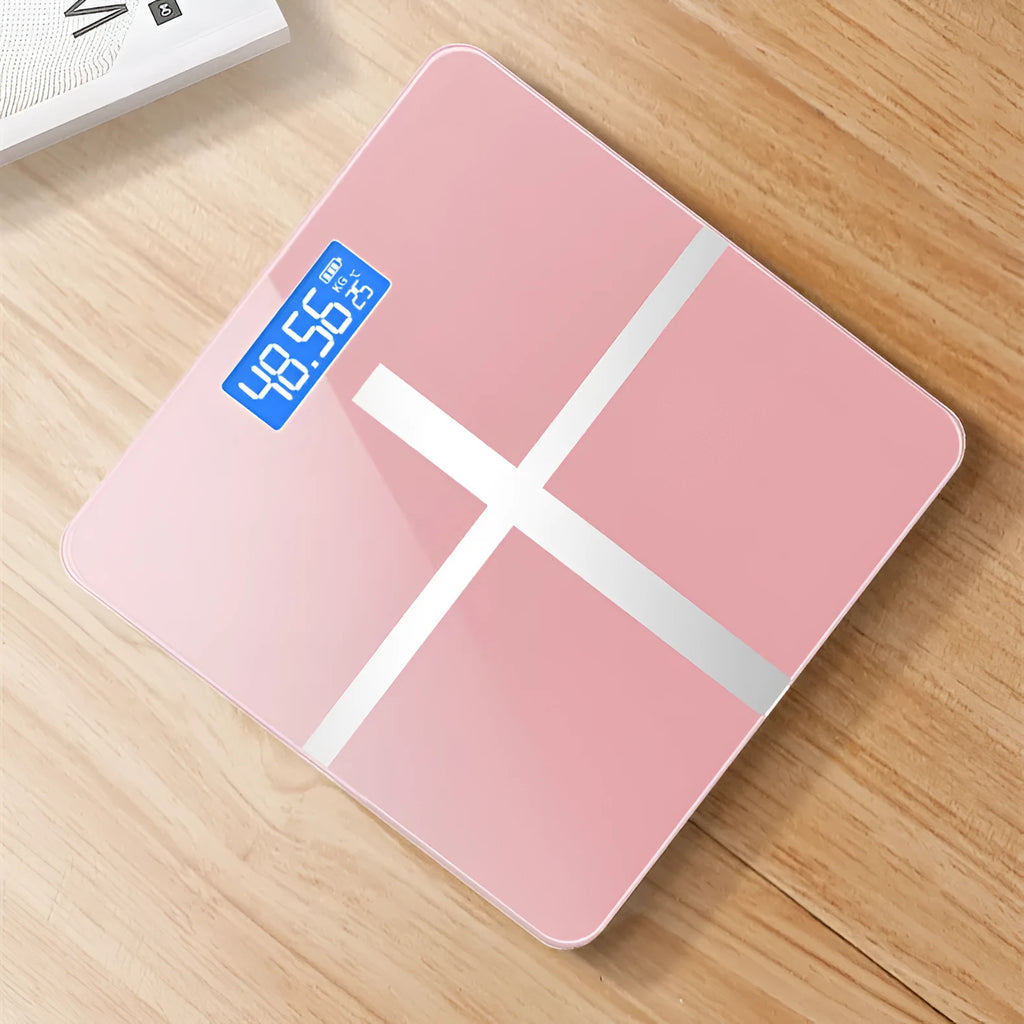 USB rechargeable electronic bathroom scale with cross pattern in black, rose red, or white colour options.