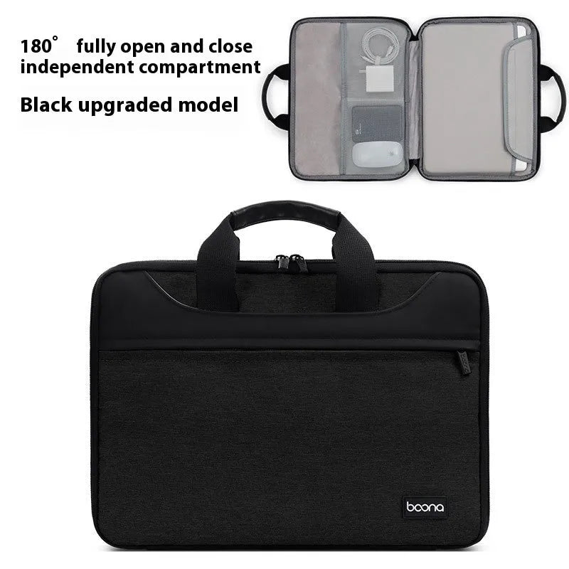 Black Oxford cloth laptop bag with a soft carry handle for business travel.