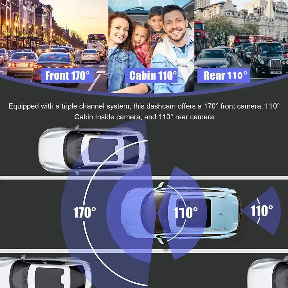 Black 3-lens car dash camera with 3-inch screen for front windshield mounting