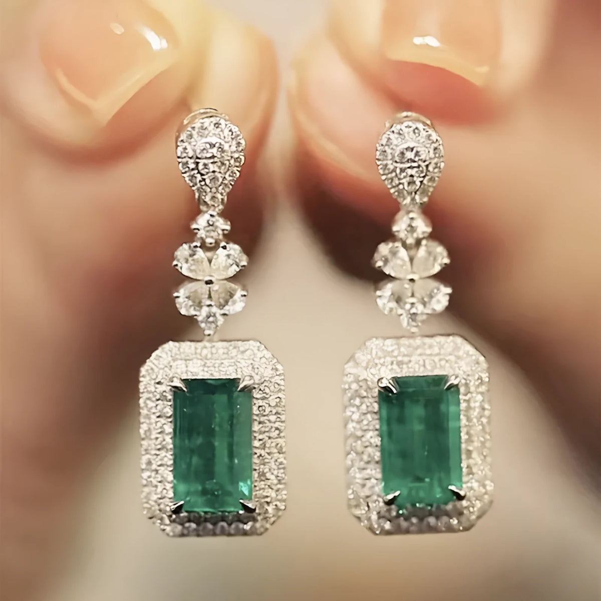 Green square bright zircon drop earrings with flower and geometric design in copper