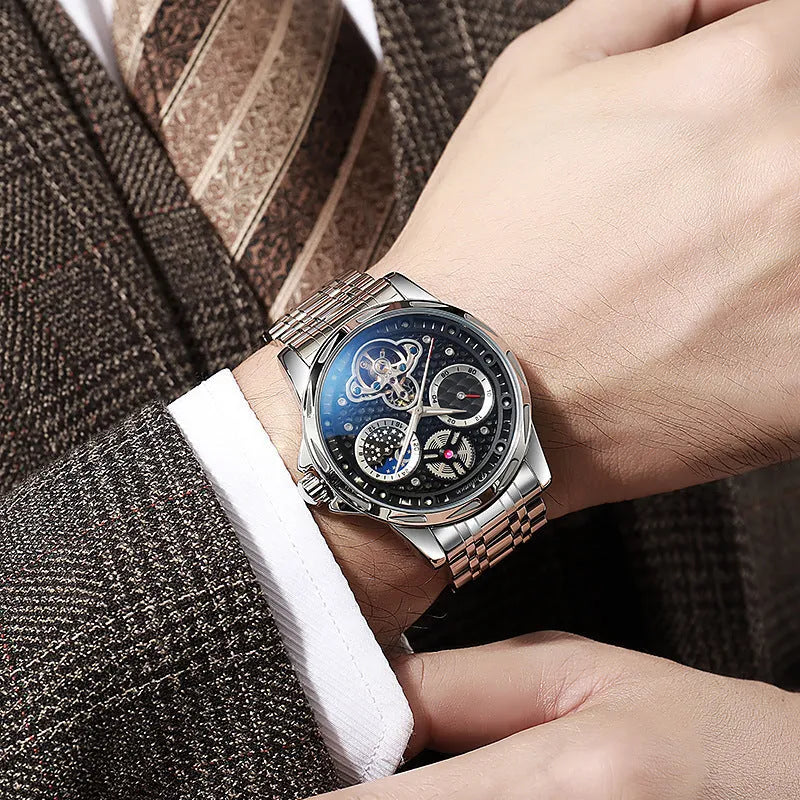 Men's automatic waterproof luminous watch with steel case and choice of leather or metal strap.