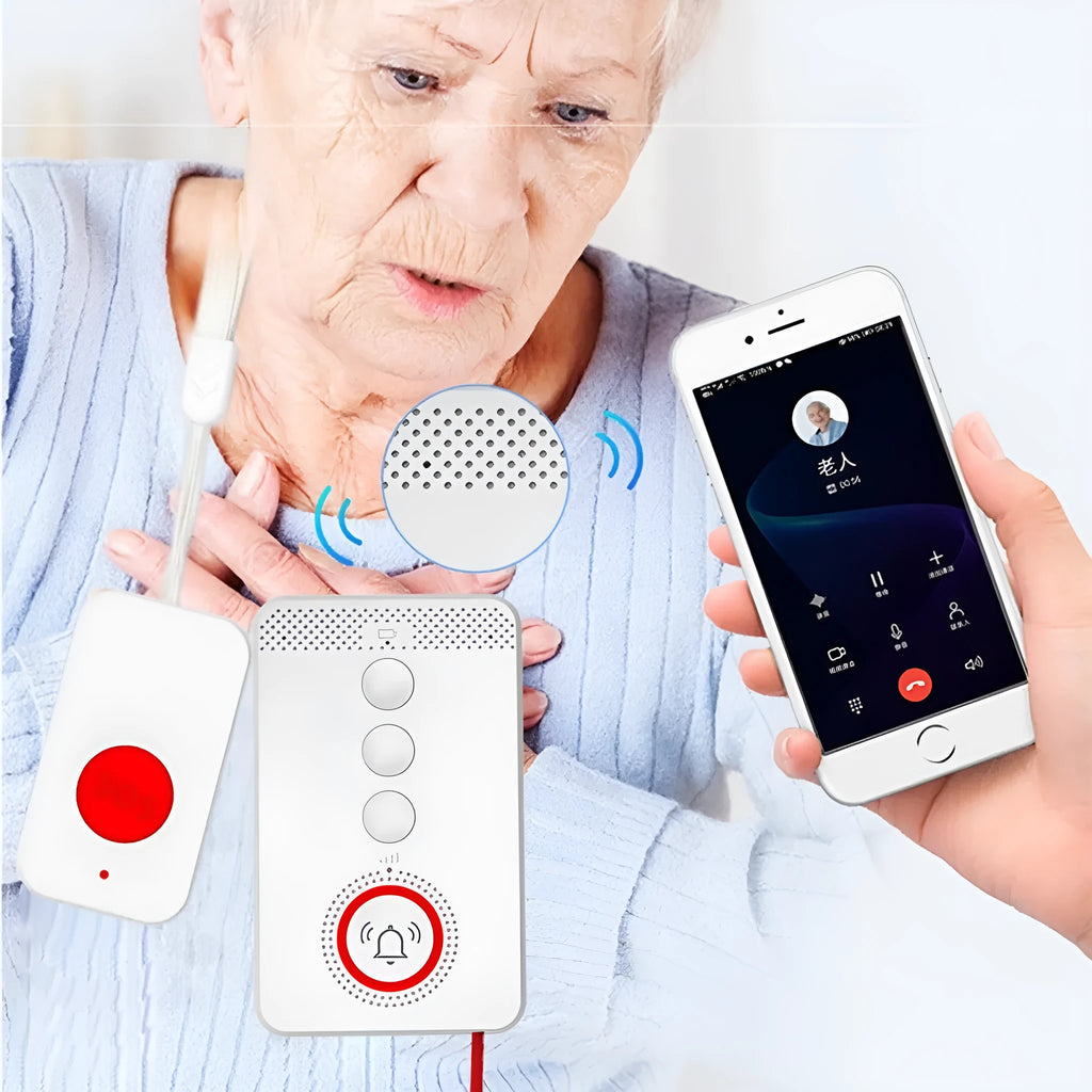 White elderly emergency alert device showing a buzzer base unit and three small wireless panic buttons.
