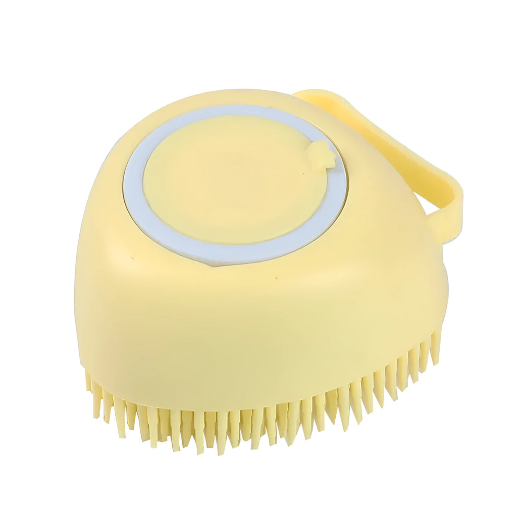 Silicone dog bath brush in blue with flexible bristles for gentle grooming and bathing.
