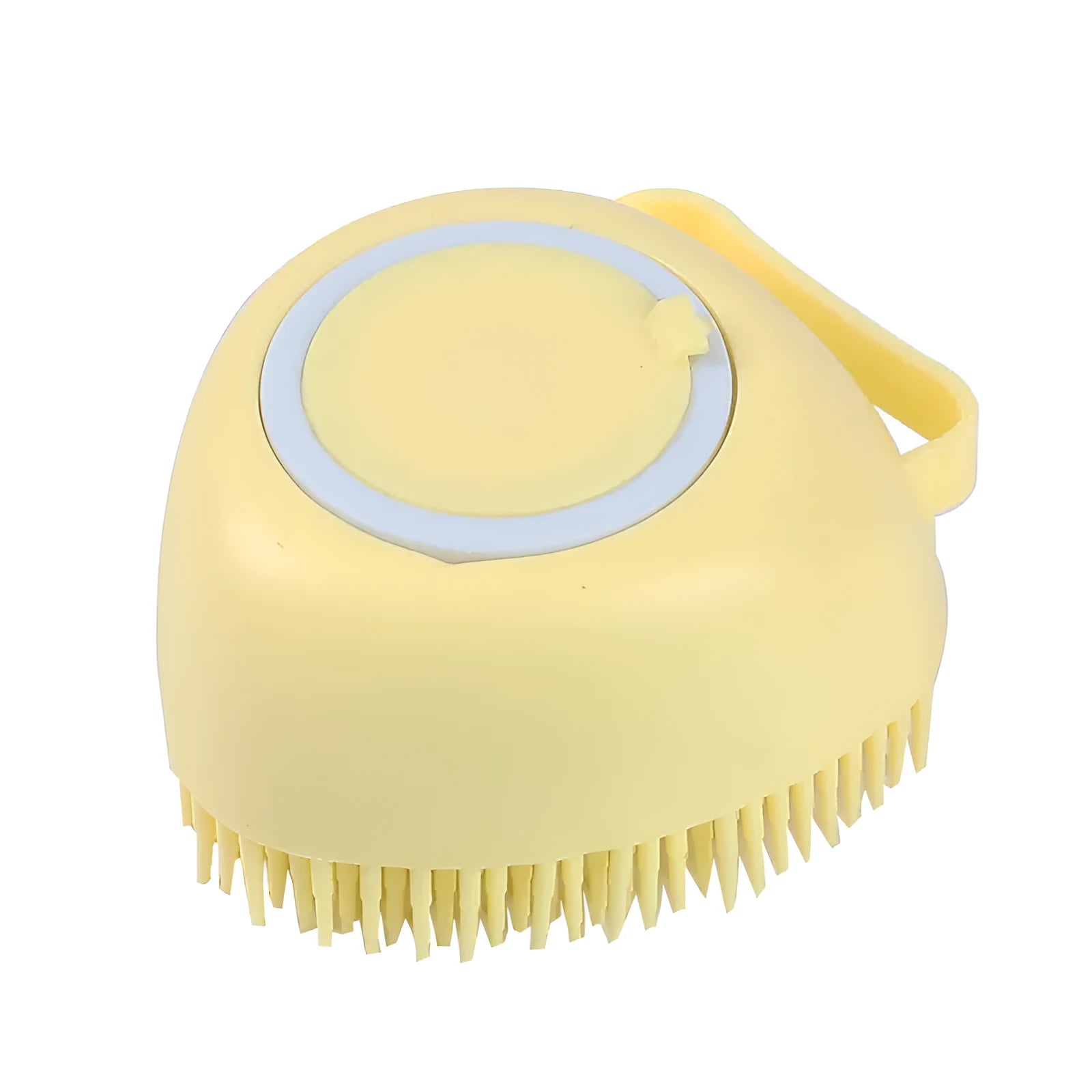 Silicone dog bath brush in blue with flexible bristles for gentle grooming and bathing.