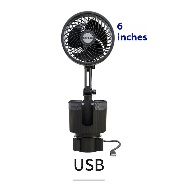 Car water cup holder fan in ABS plastic available in 4-inch and 6-inch sizes with multiple power connection options.