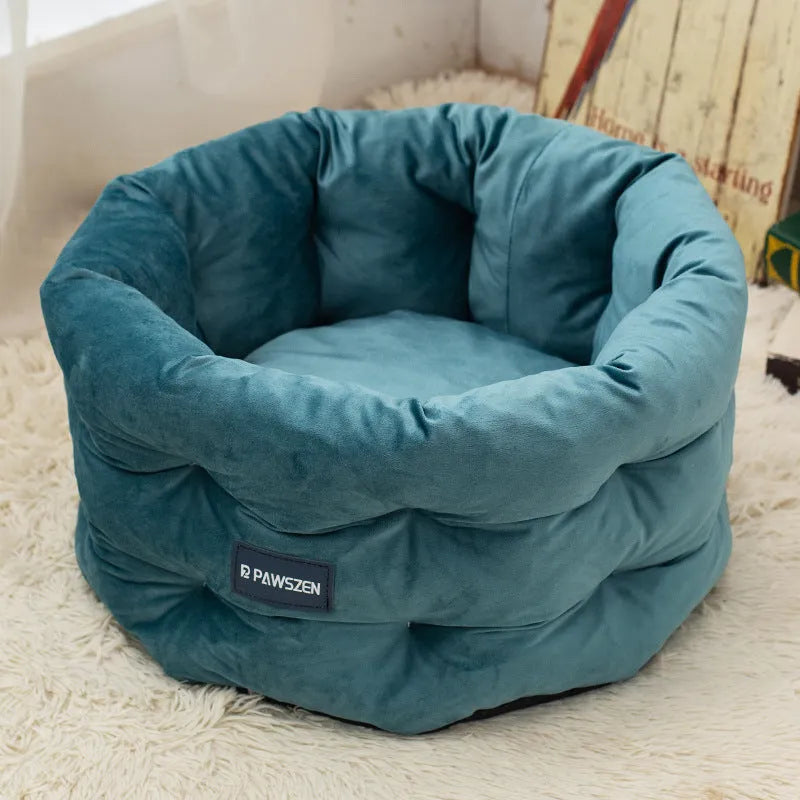 Winter warm flannel pet bed in emerald blue, medium size 48x26cm, on a wooden floor