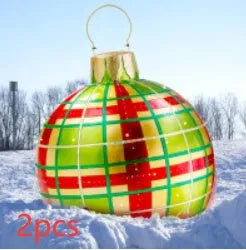Large 60cm diameter inflatable PVC Christmas decoration ball in bright colours for outdoor use.