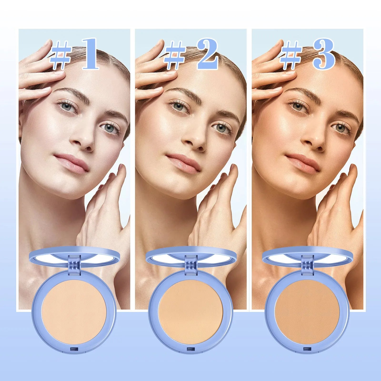 8g finishing powder compact in Natural Beige, Pure Beige, or Classic Ivory for natural makeup setting