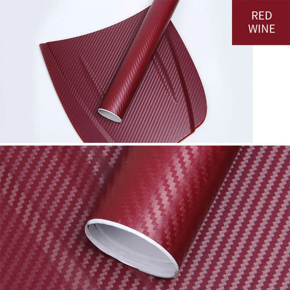 Roll of 3D carbon fibre pattern vinyl sticker for cars, showing multiple colour options.