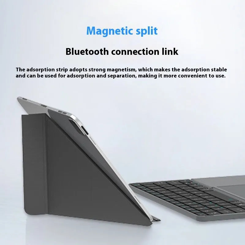 Grey wireless Bluetooth folding keyboard for mobile phones and tablets.
