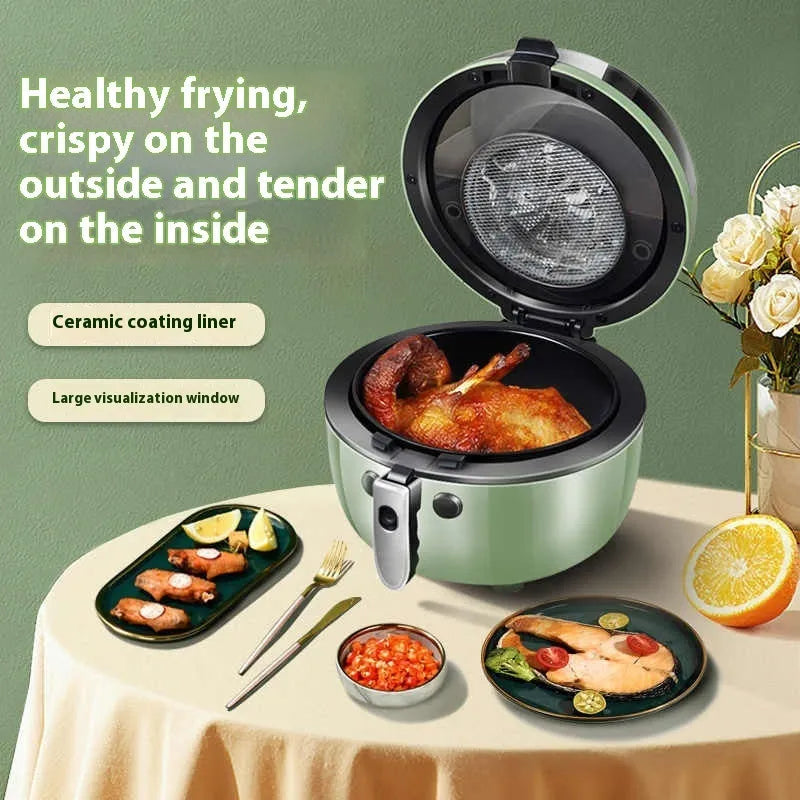 8-litre air fryer oven with visible window and mechanical dial controls on a kitchen counter.