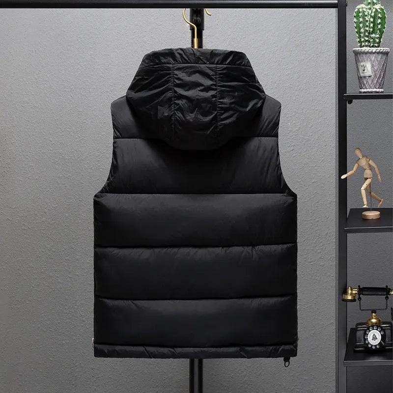 Men's thickened down cotton vest in black or green, sleeveless waistcoat jacket, sizes M to 3XL, 50cm length