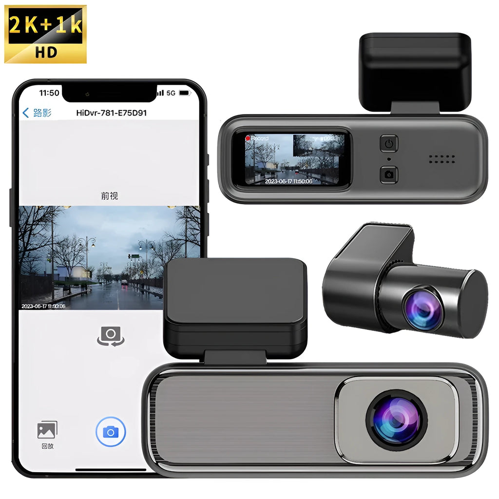 Driving recorder with 1.2-inch screen showing HD 2K recording and WiFi connectivity for mobile phones