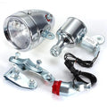 Silver bicycle generator light kit with dynamo friction drive for 12V and 6V bicycle lighting systems