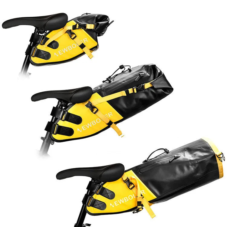 Yellow waterproof PVC bicycle tail bag mounted on a bike rack, showing its 58cm length and storage capacity.