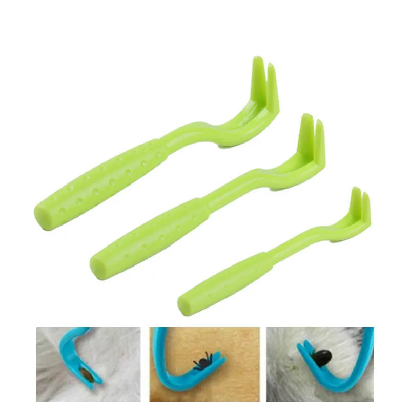 Three plastic pet tick removal hook tools in blue and green colours