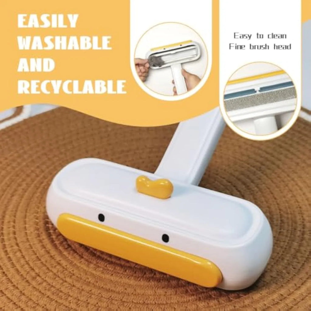 Portable yellow duck design pet hair remover tool with bristles for furniture and car seats.