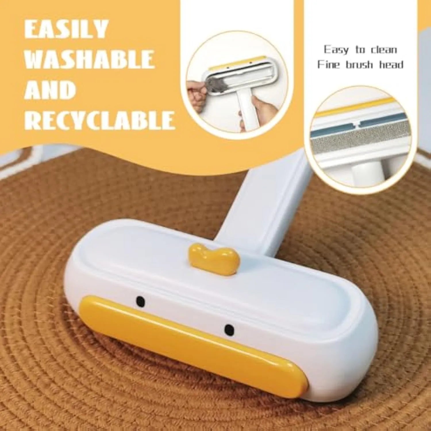 Portable yellow duck design pet hair remover tool with bristles for furniture and car seats.