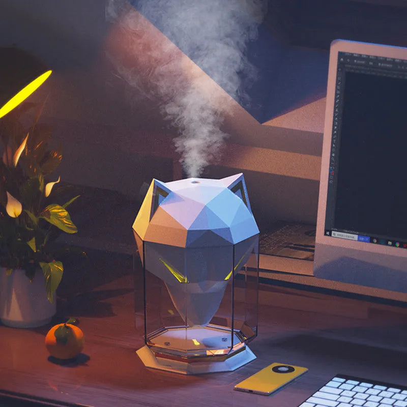 War Wolf ultrasonic desktop humidifier with colourful lights and USB cable