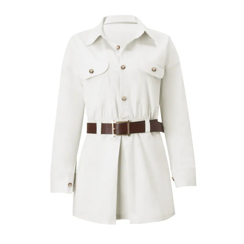 Gray long sleeve button front shirt dress with fake pocket and low waist short skirt in street style