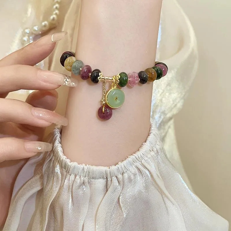 Natural stone colour tourmaline abacus beaded bracelet with rabbit pendant