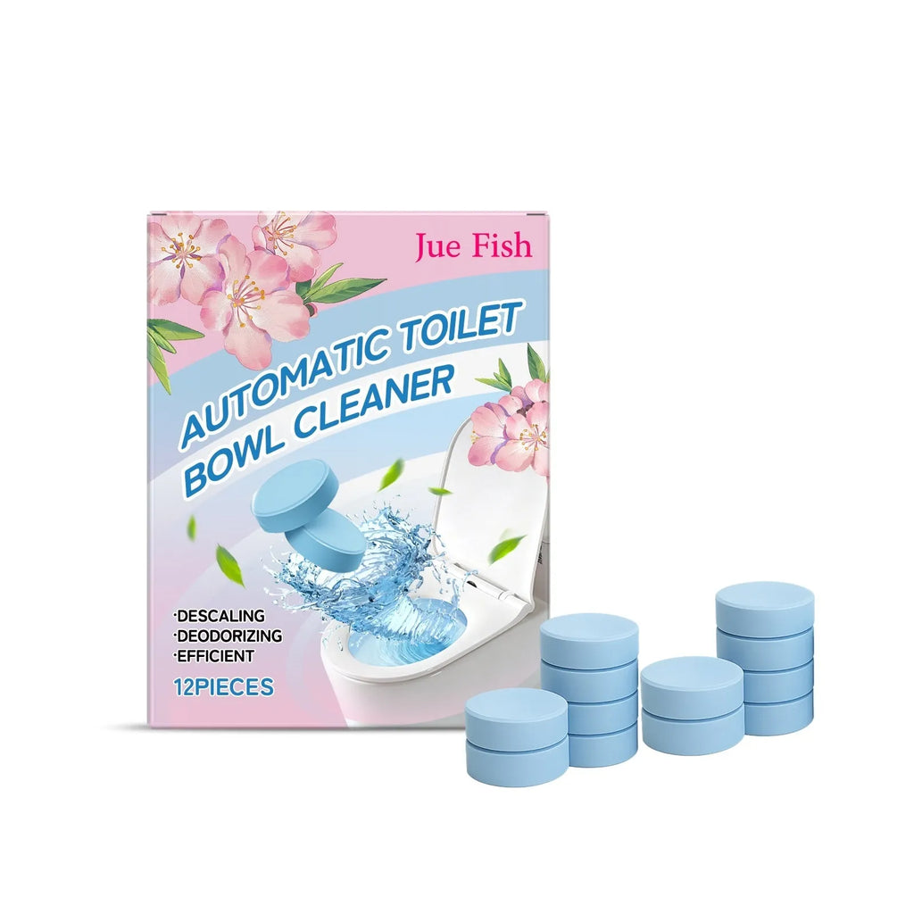 Pack of 12 automatic toilet bowl cleaner sheets with decontamination formula on white background