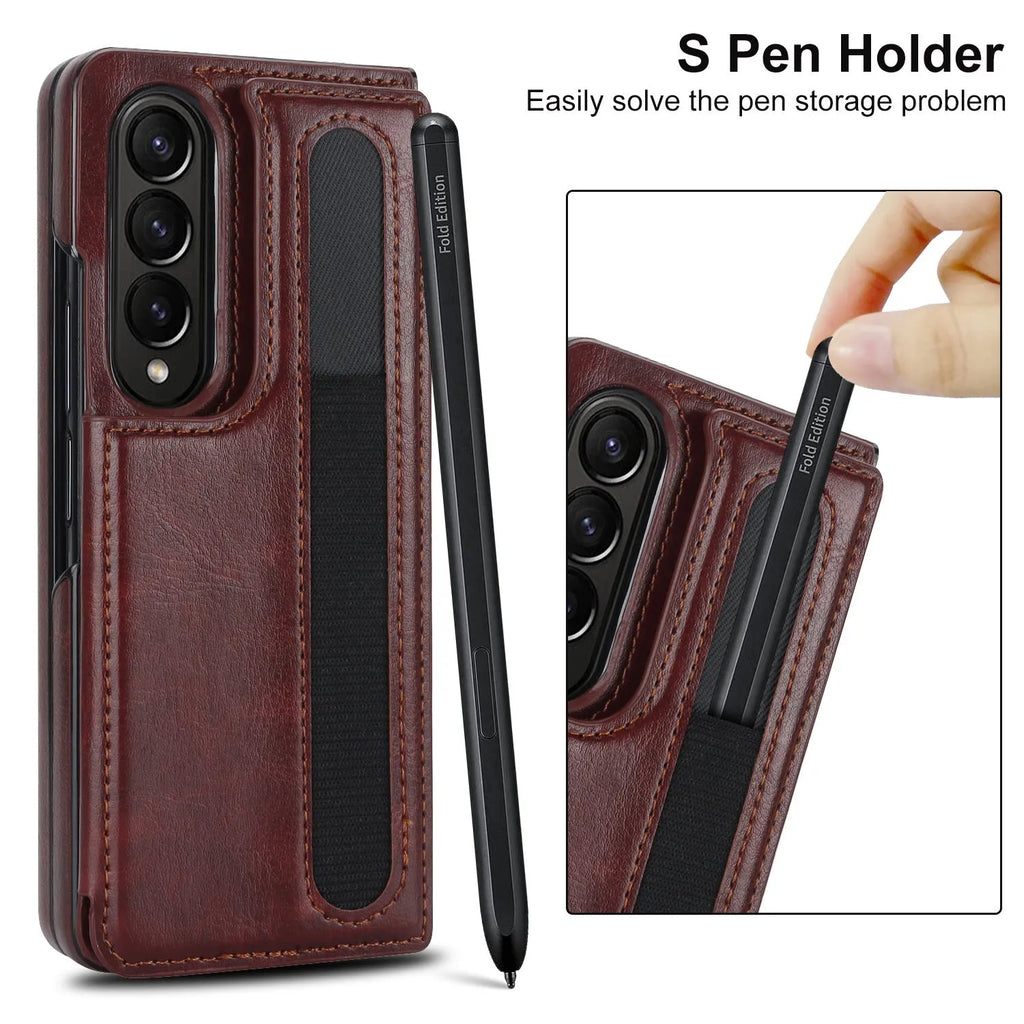 PU leather folding mobile phone case for Samsung Galaxy Z Fold with bracket, available in six colours.