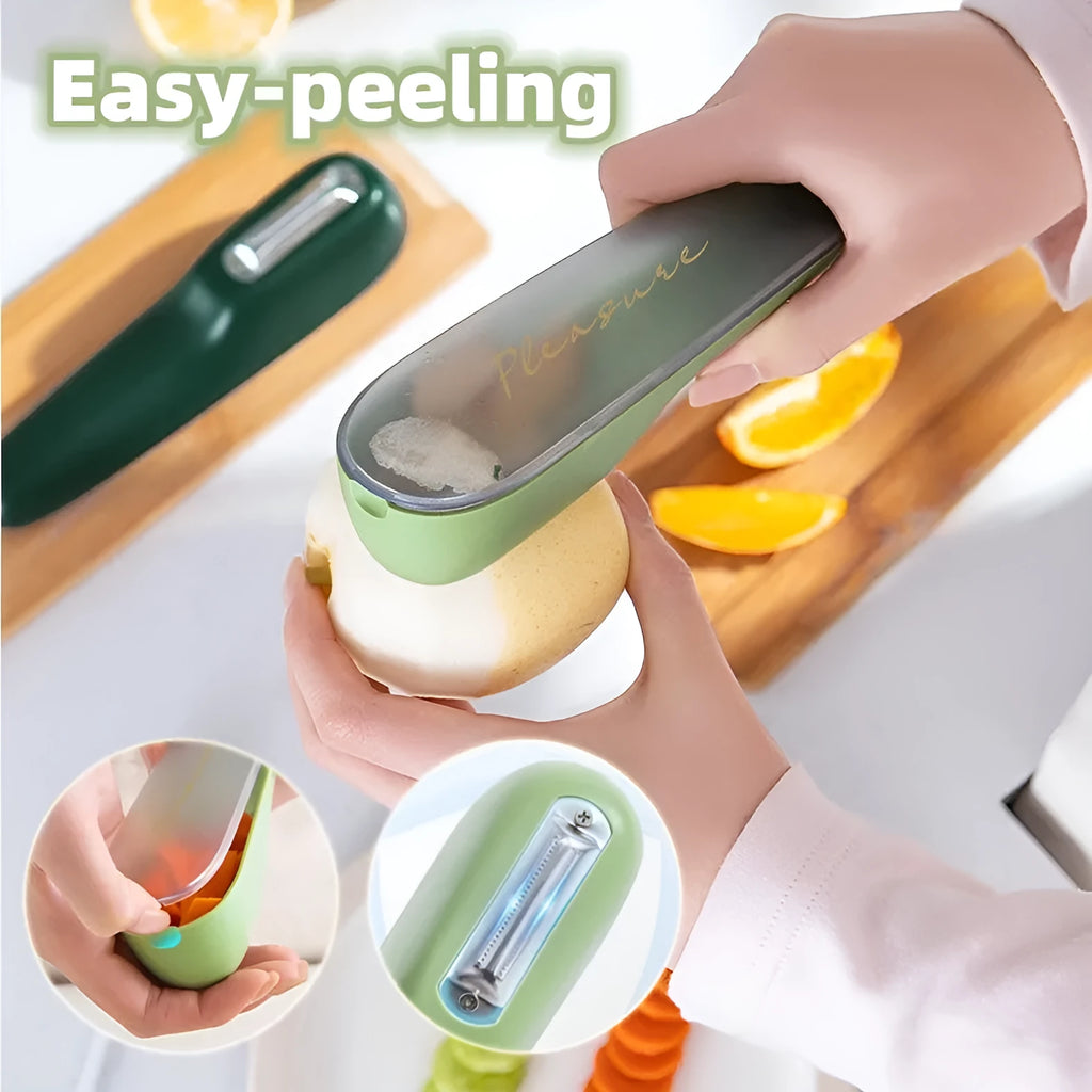 Dark green kitchen peeler with storage tube and stainless steel blade on a worktop.