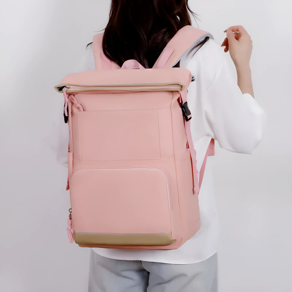 Unisex large capacity solid colour PU casual backpack in black, light gray, pink, and Milky White