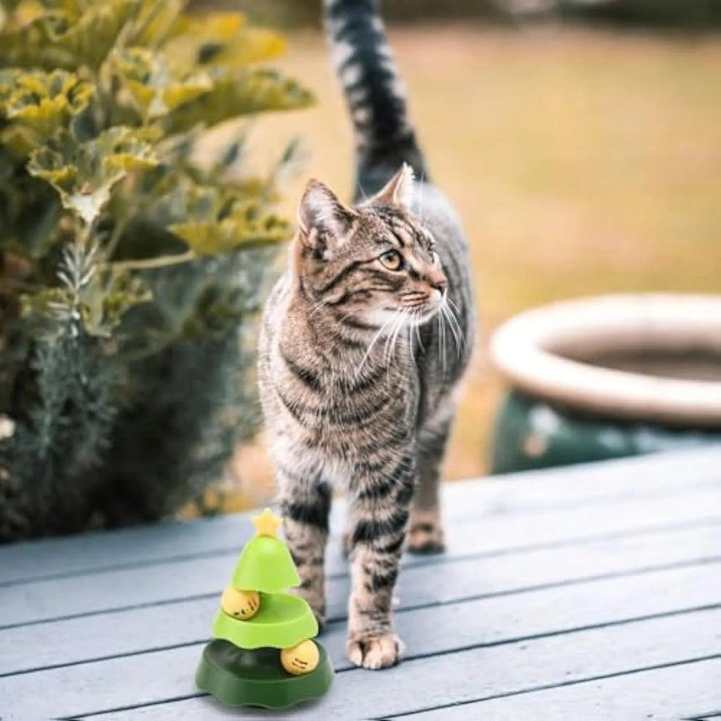 Tree-shaped cat toy track with two tiers of rolling balls and a catnip ball under a green cover on the floor