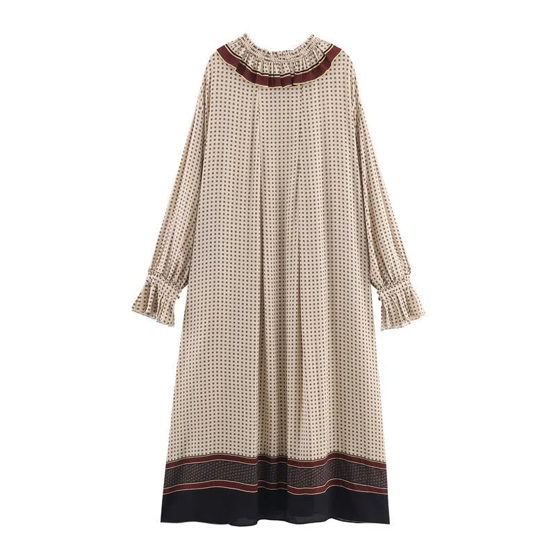 Women's long sleeve cotton dress with loose mid waist and stripes or plaid print, sizes XS to L