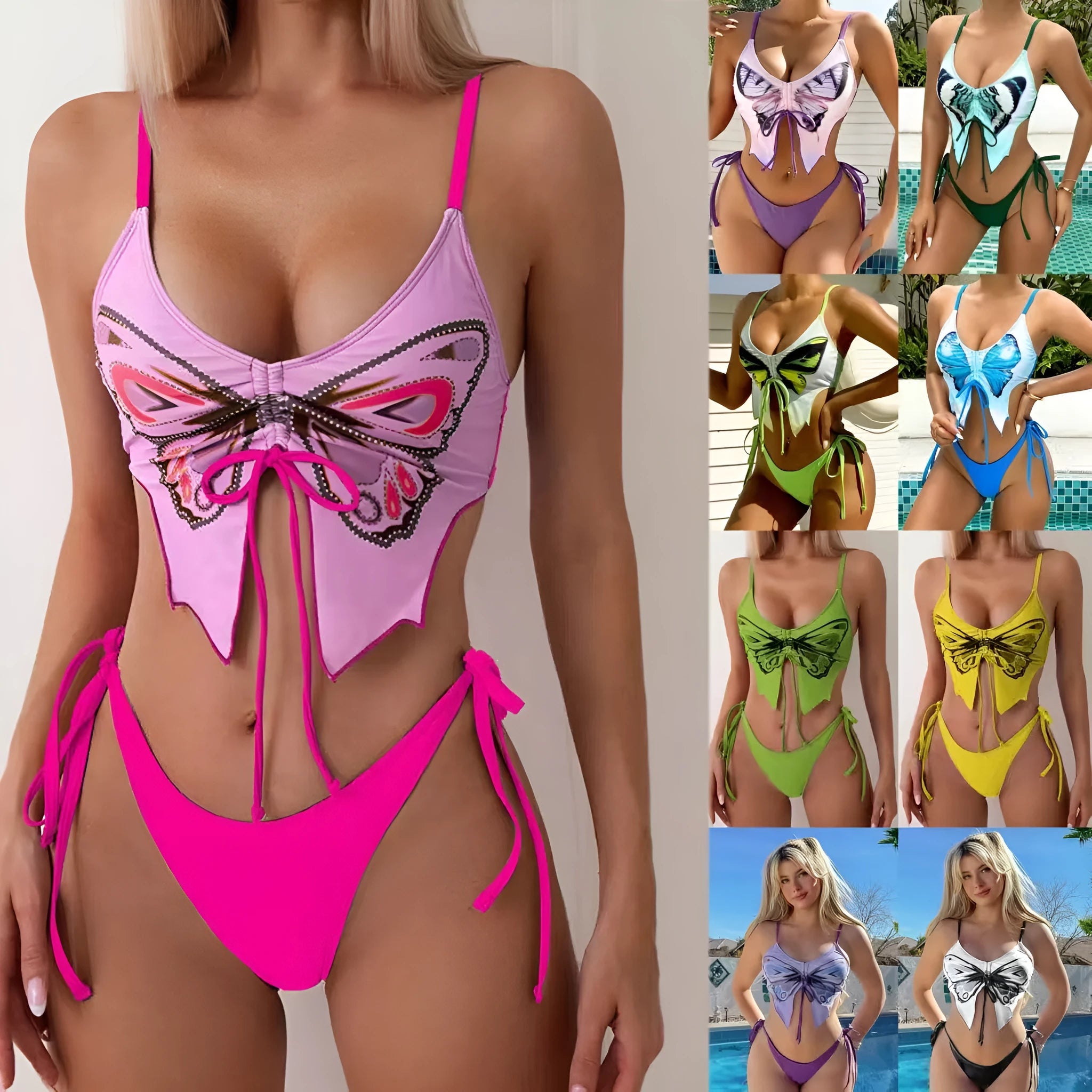 Women's purple bow ins style split bikini suit top and briefs on a mannequin.
