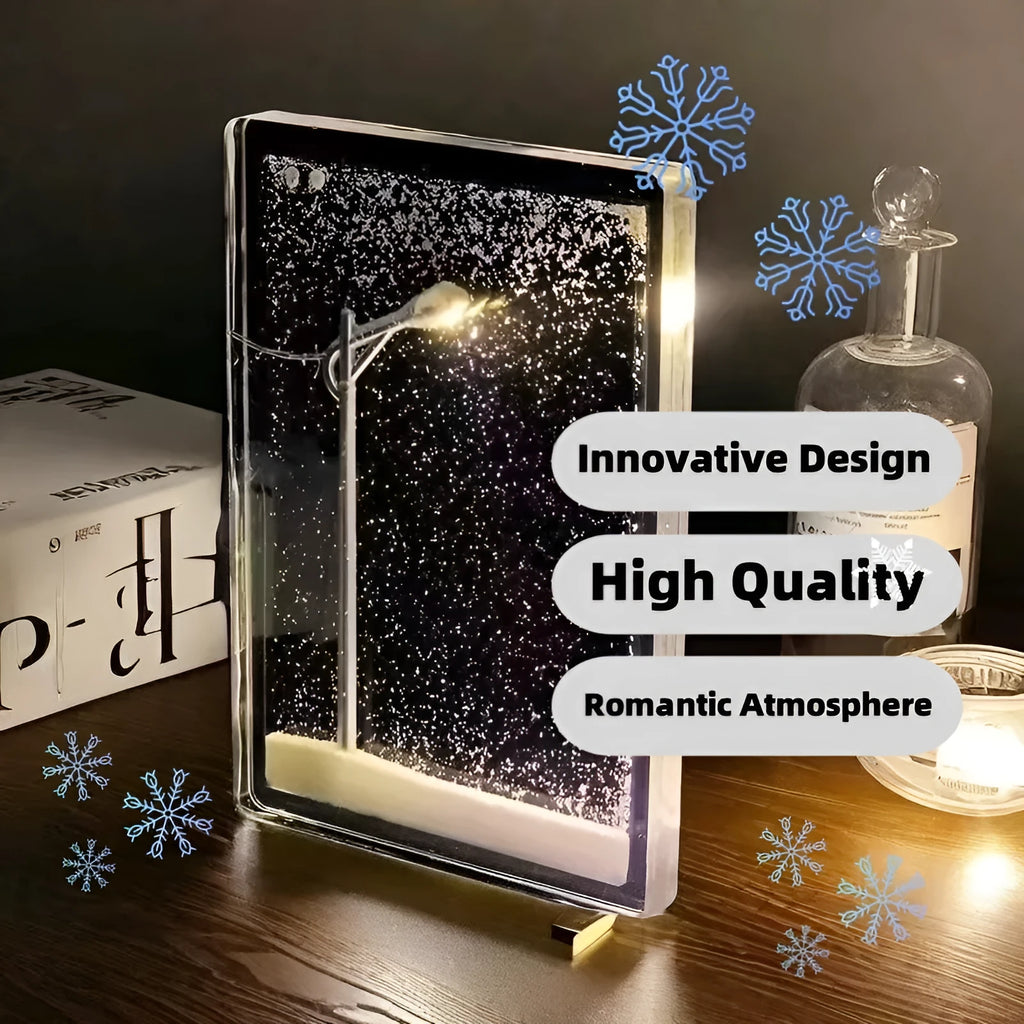 DIY magic snowy landscape night light kit with small street lamp on a desktop