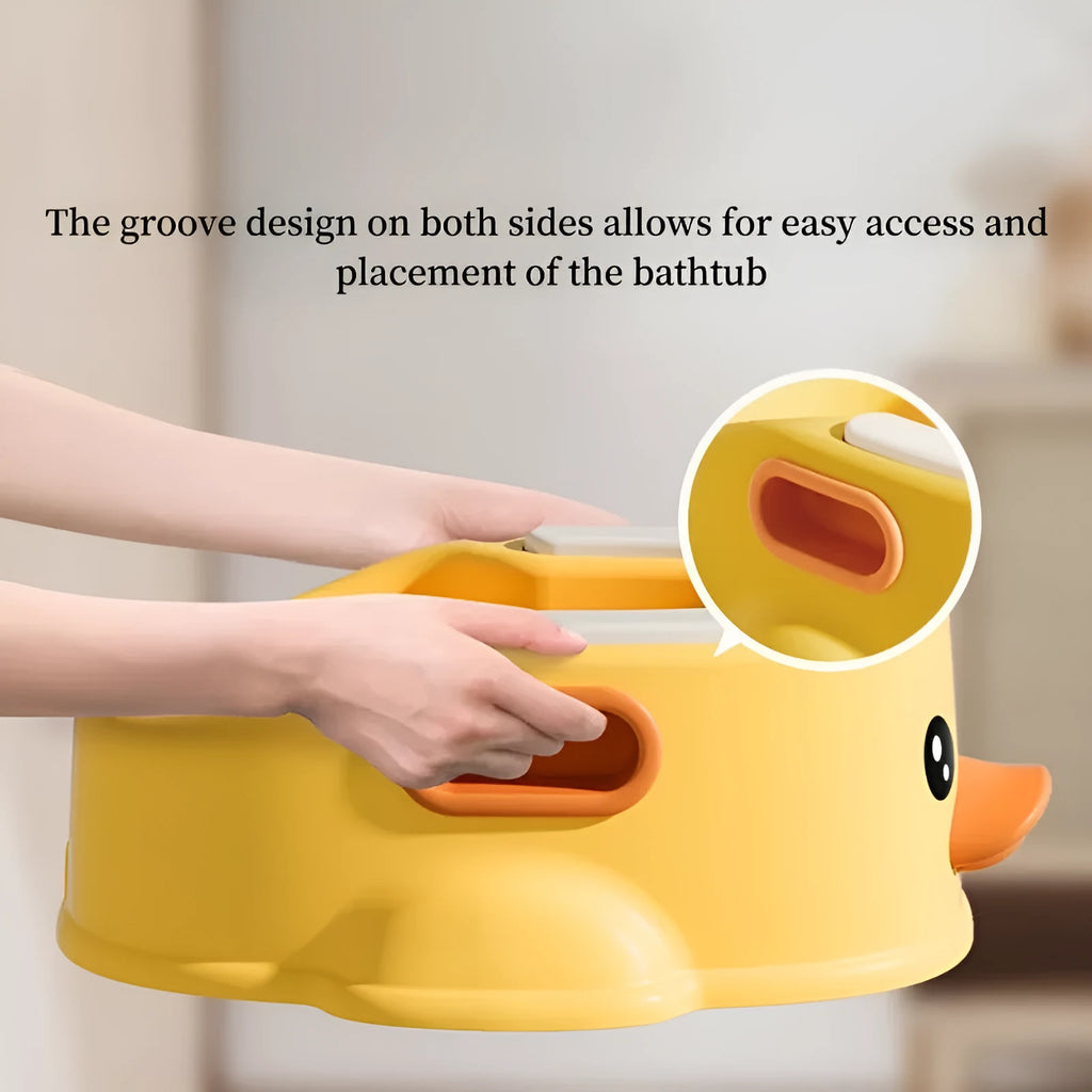 Blue PVC duck-shaped portable bathtub for washing dogs and cats, shown folded and unfolded.