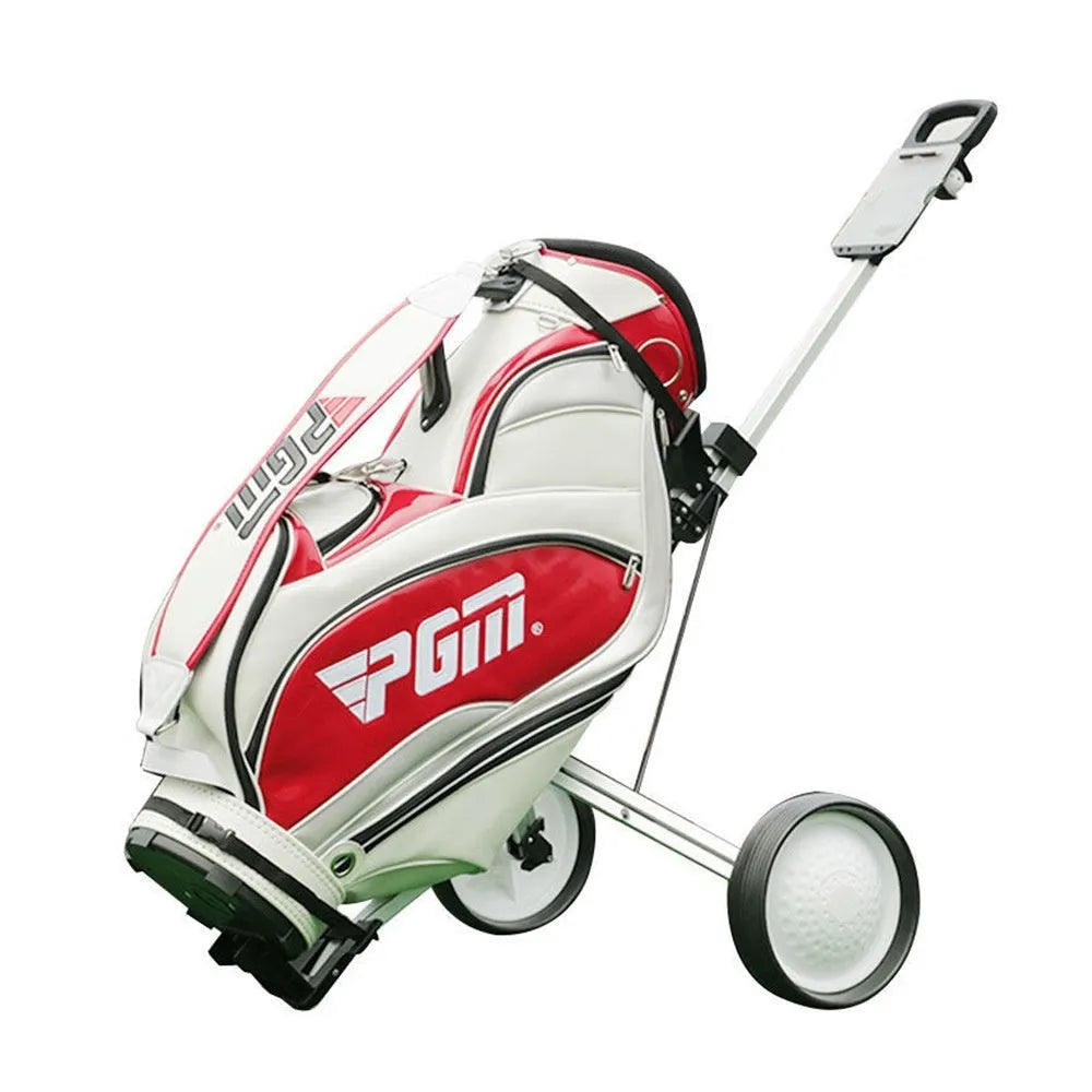 Foldable aluminium alloy golf cart with two wheels, shown with black and white wheels and a push-pull trolley frame.