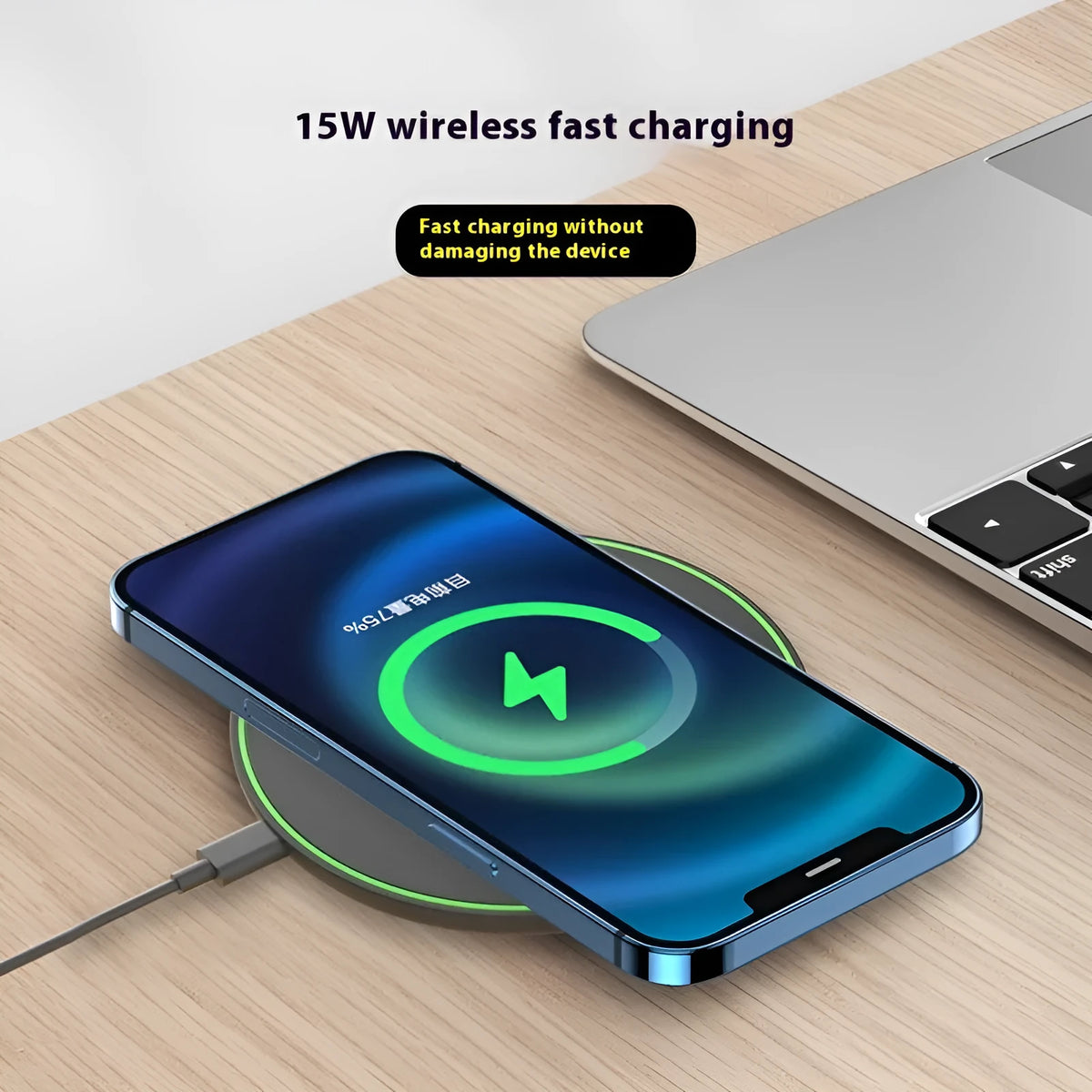 Ultra-thin round wireless charger in white with Type-C port, 15W fast charging desktop pad