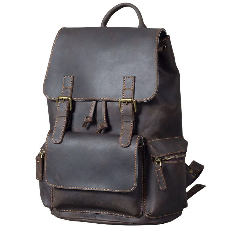 Brown retro crazy horse leather backpack with double shoulder straps and denim lining