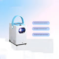 Smart HD projector with Android voice control and remote on wooden surface