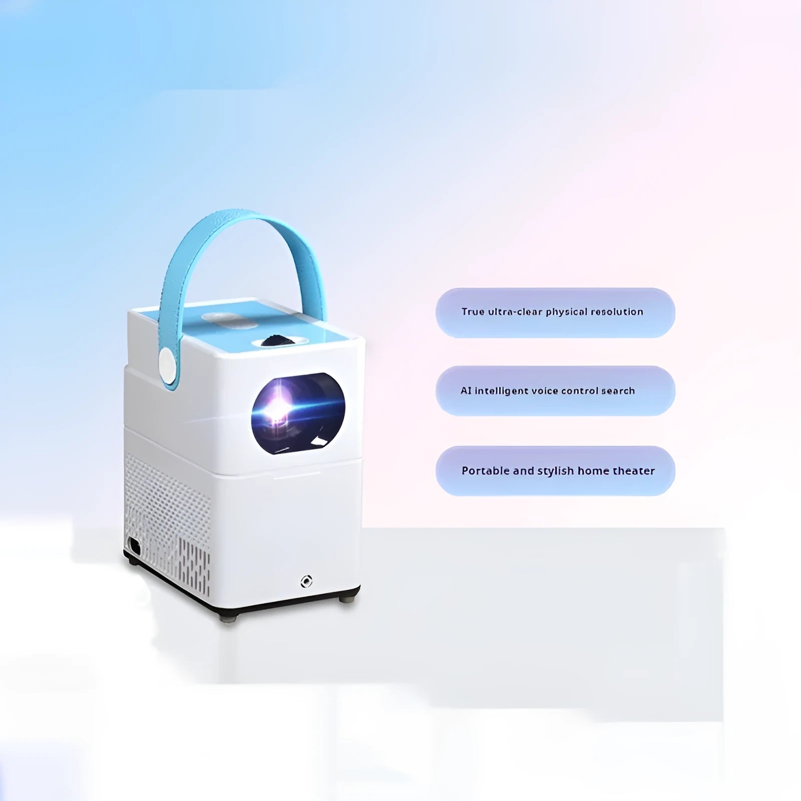 Smart HD projector with Android voice control and remote on wooden surface