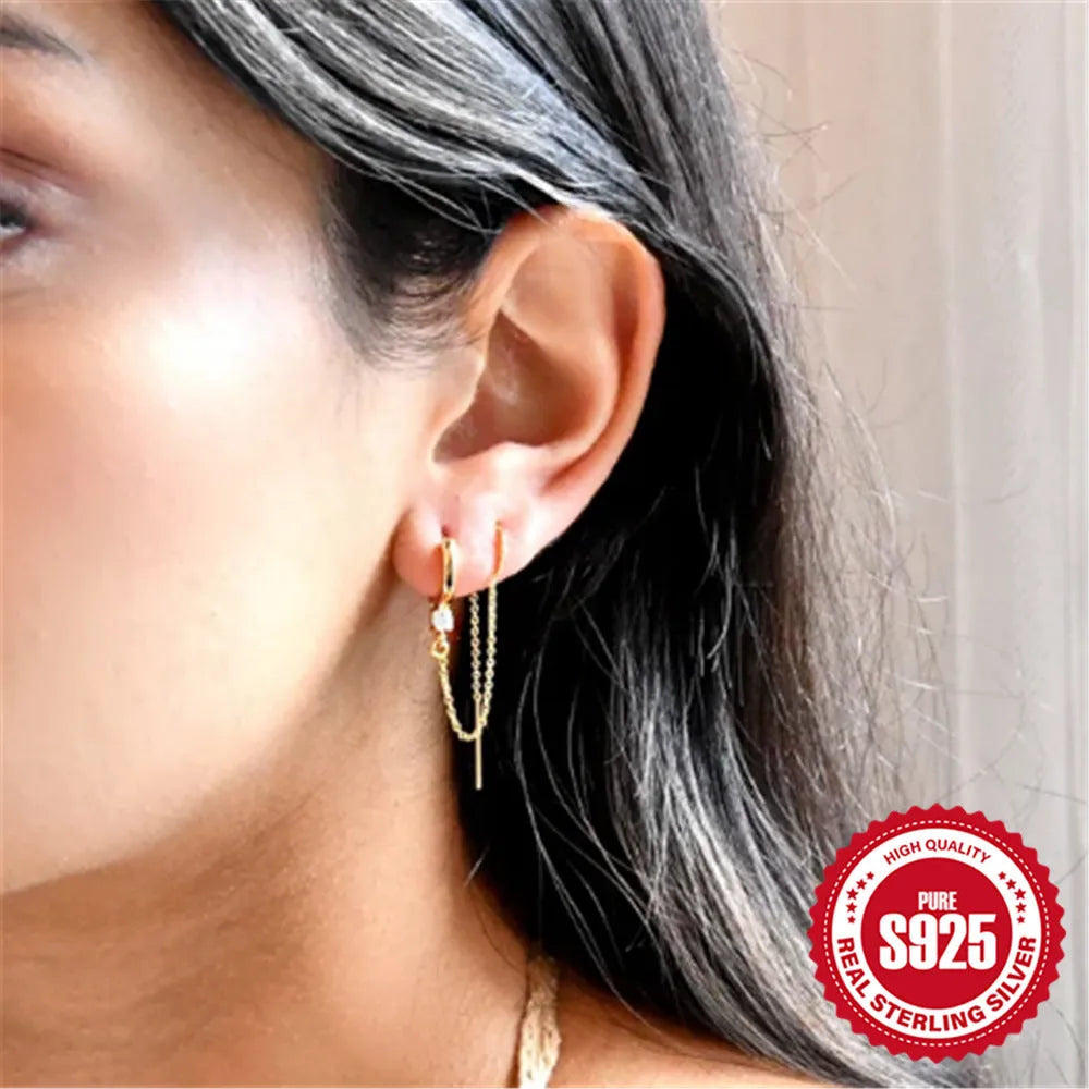 S925 sterling silver geometric earrings with flower tassel chain design in golden electroplated finish