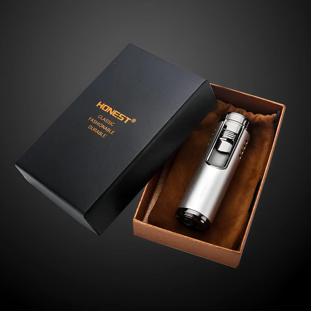 Cylindrical metal inflatable four-straight cigar lighter in zinc alloy, 89x26x28mm, available in five colours